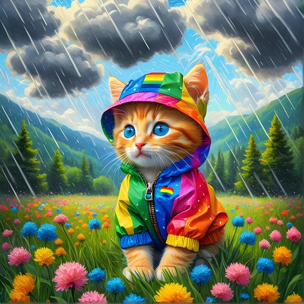 Orange Kitten in Rainbow Rain Jacket Among Flowers
