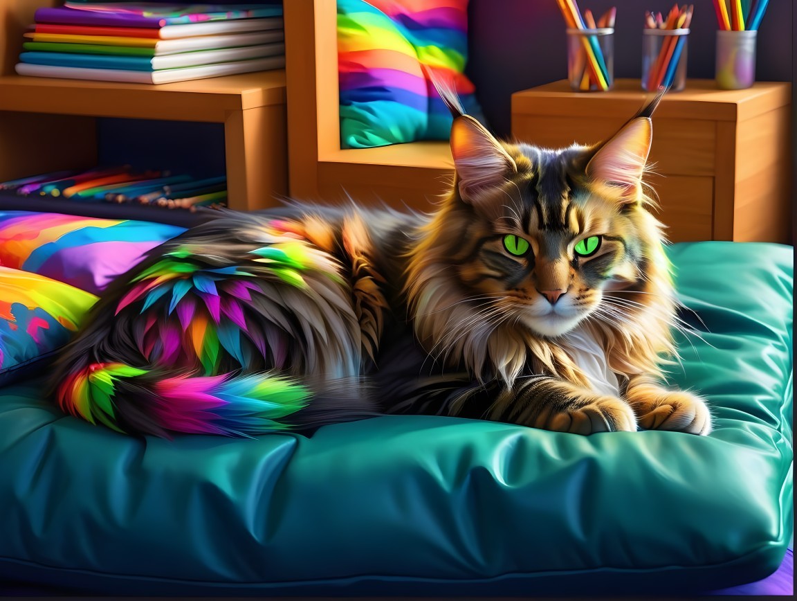 Luxurious Maine Coon Cat on Teal Cushion with Pillows