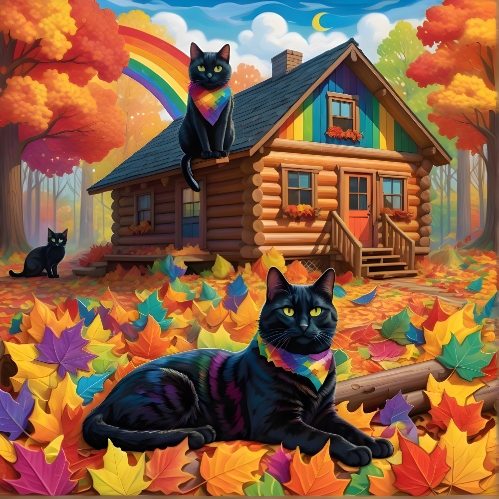 Cozy log cabin in autumn with playful cats and rainbow