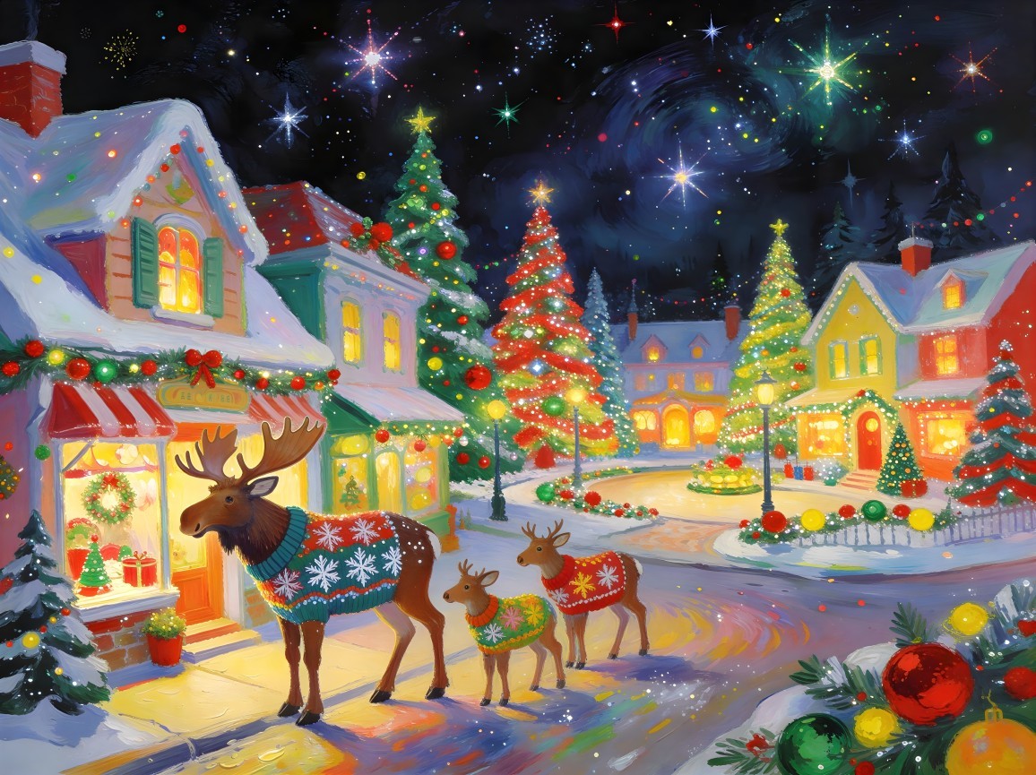 Christmas Town Square Watercolor with Moose and Reindeer