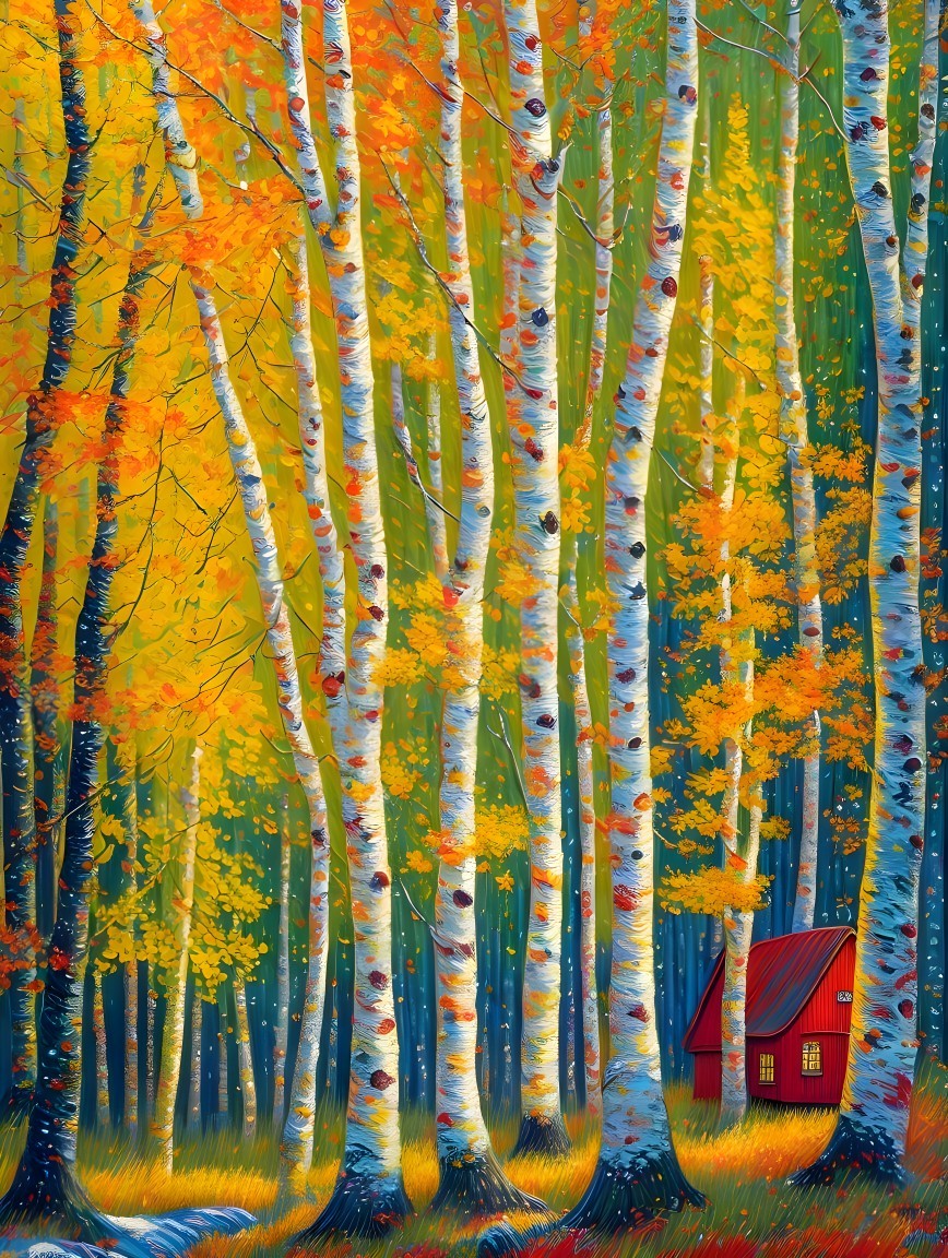 Autumn Forest with Birch Trees and Red Cottage