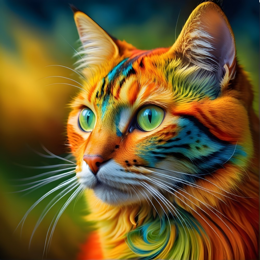 Colorful Cat with Vibrant Fur and Expressive Eyes
