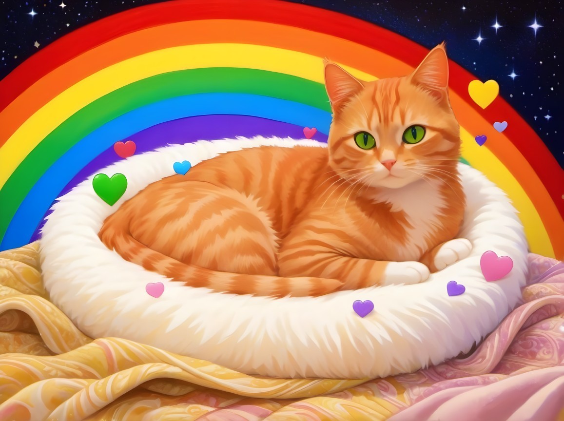 Orange Tabby Cat in Fluffy Bed with Rainbow Background