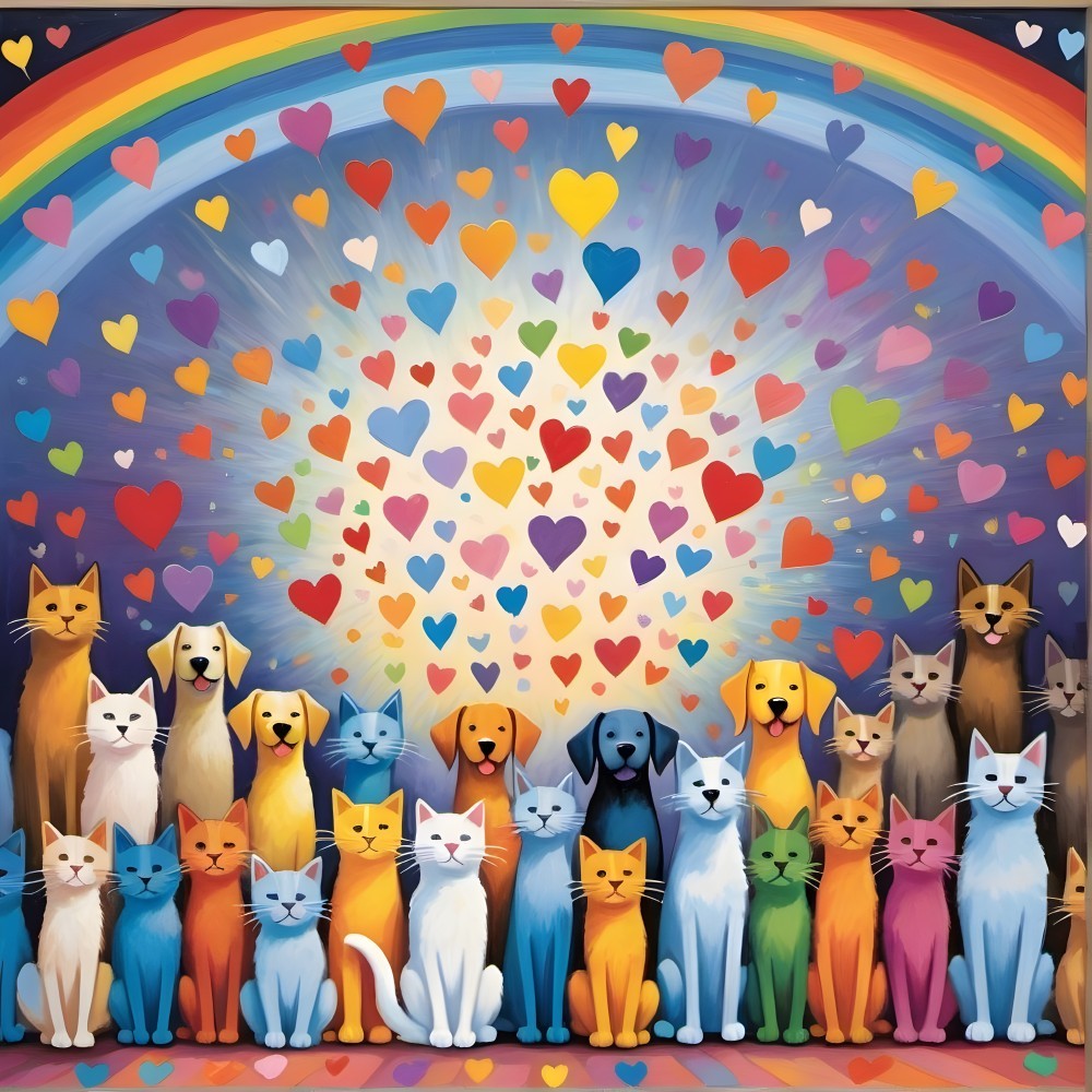 Colorful Cats and Dogs with Rainbow and Hearts