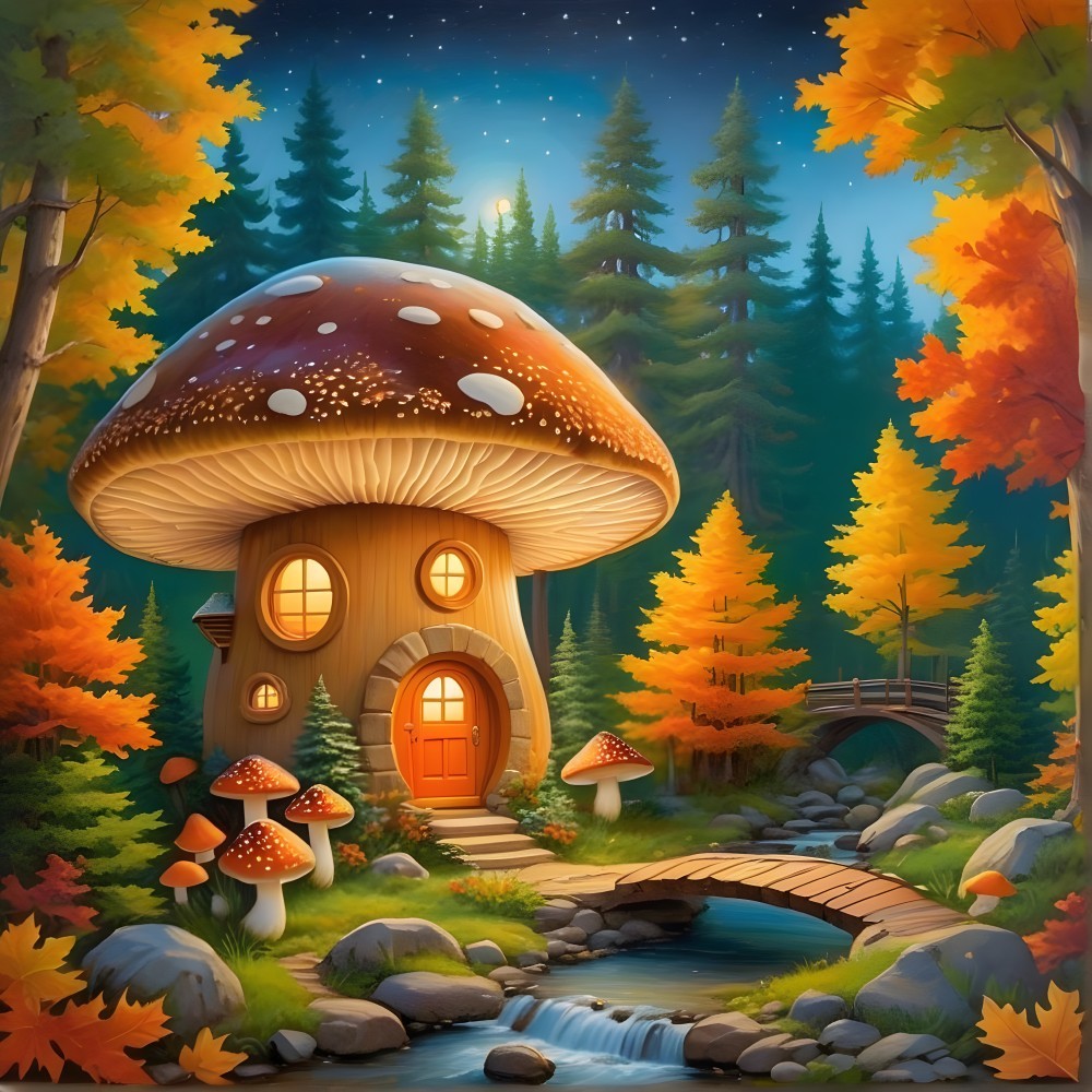 Mushroom-Shaped House in Autumn Forest Setting