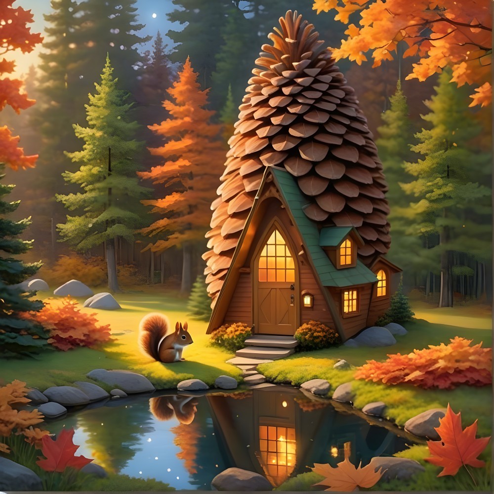 Whimsical Pinecone Cabin in Autumn Landscape