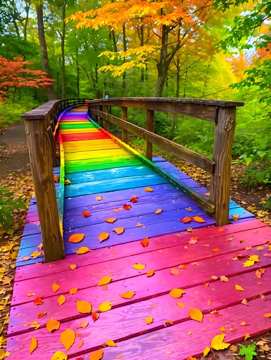 Colorful Wooden Bridge in Lush Autumn Forest