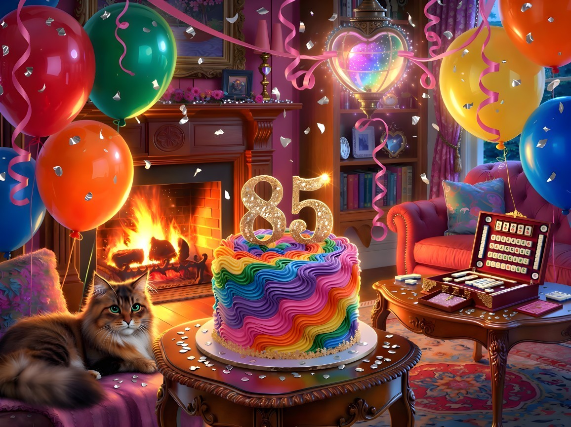 Festive Birthday Scene with Cat, Cake, and Decorations