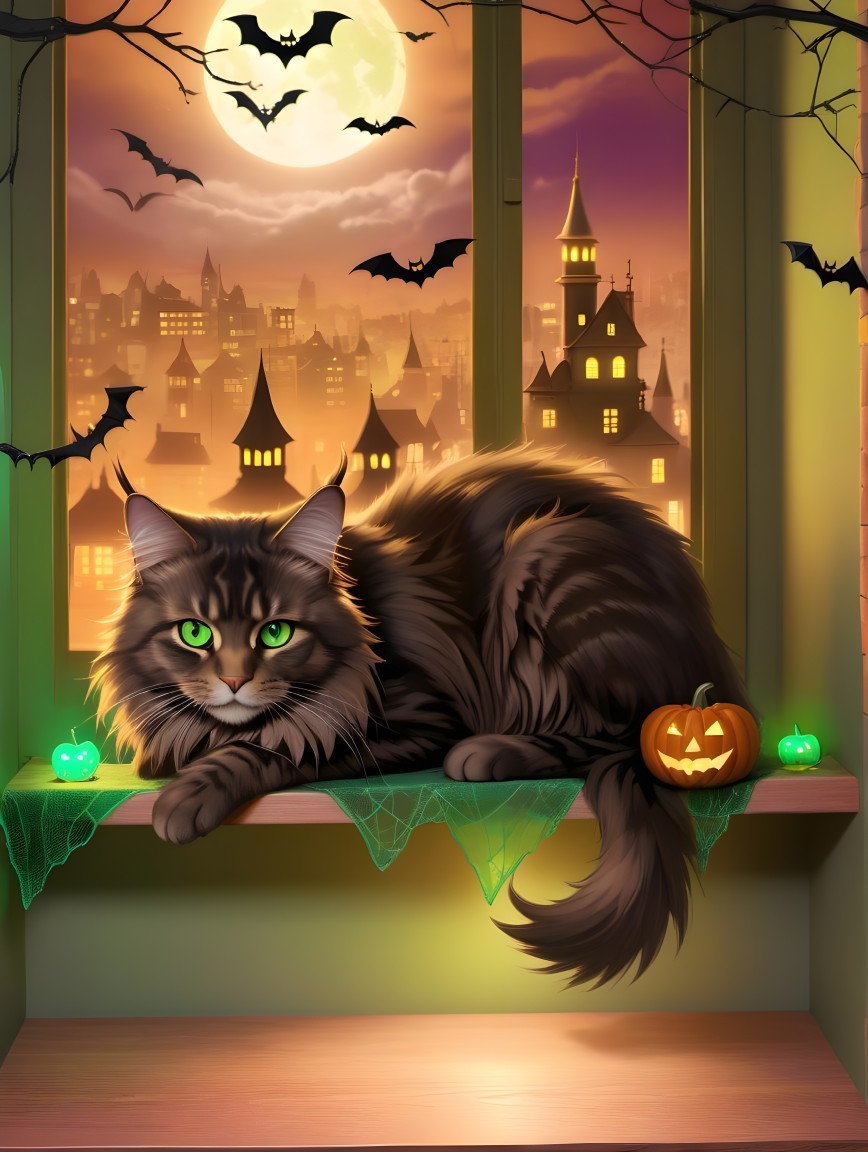 Long-haired cat with Halloween decor and city skyline