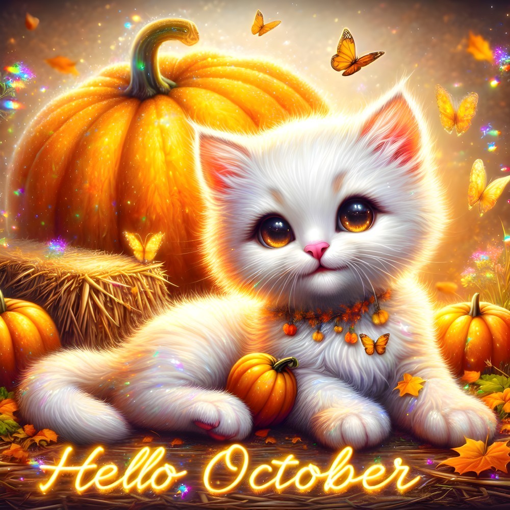 Fluffy White Kitten with Pumpkins and Autumn Decor