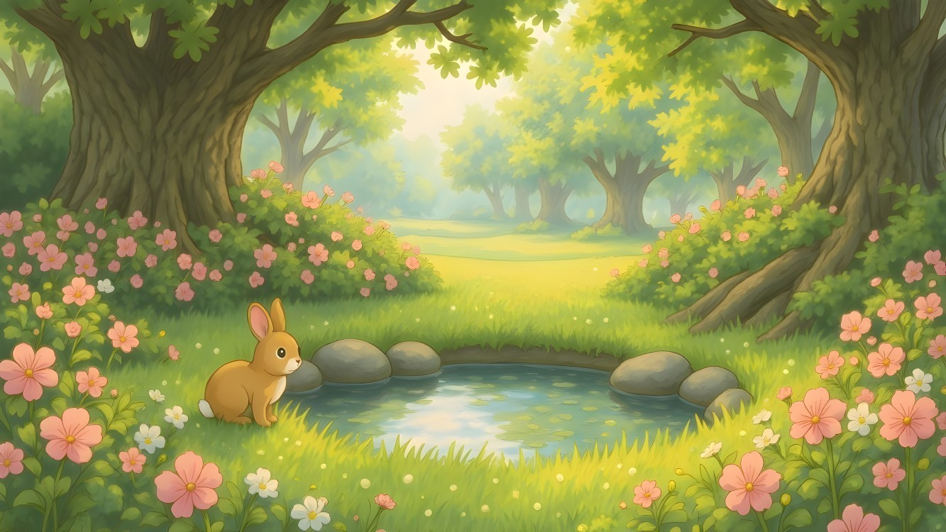 Serene woodland scene with pond and rabbit in sunlight