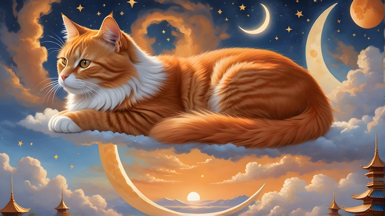 Orange and white cat on cloud in dreamy night sky