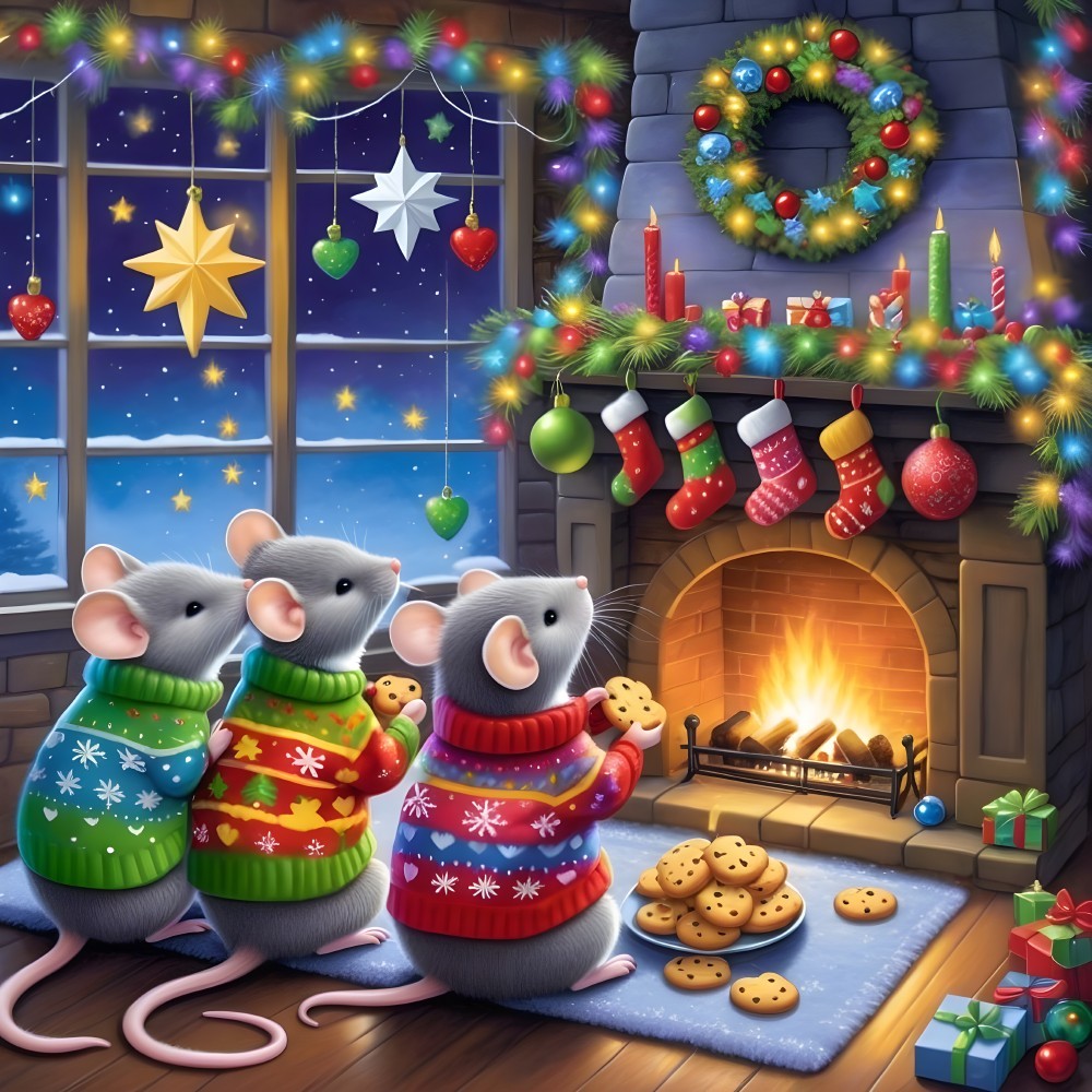 Cozy Christmas Scene with Cartoon Mice in Sweaters