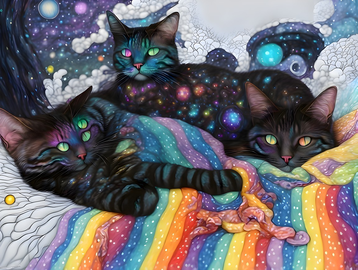 Cosmic Cats on Rainbow Blanket in Dreamy Atmosphere