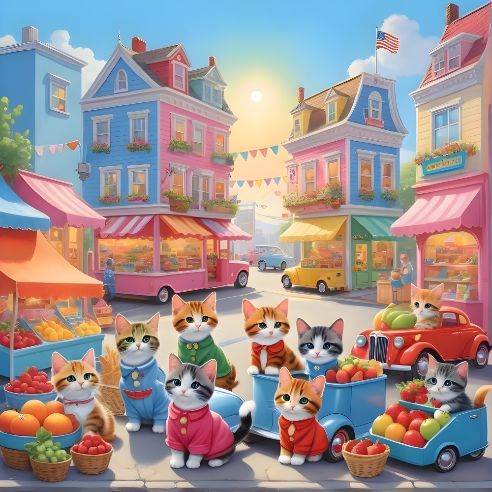 Cats in Colorful Outfits at Sunset Market Square