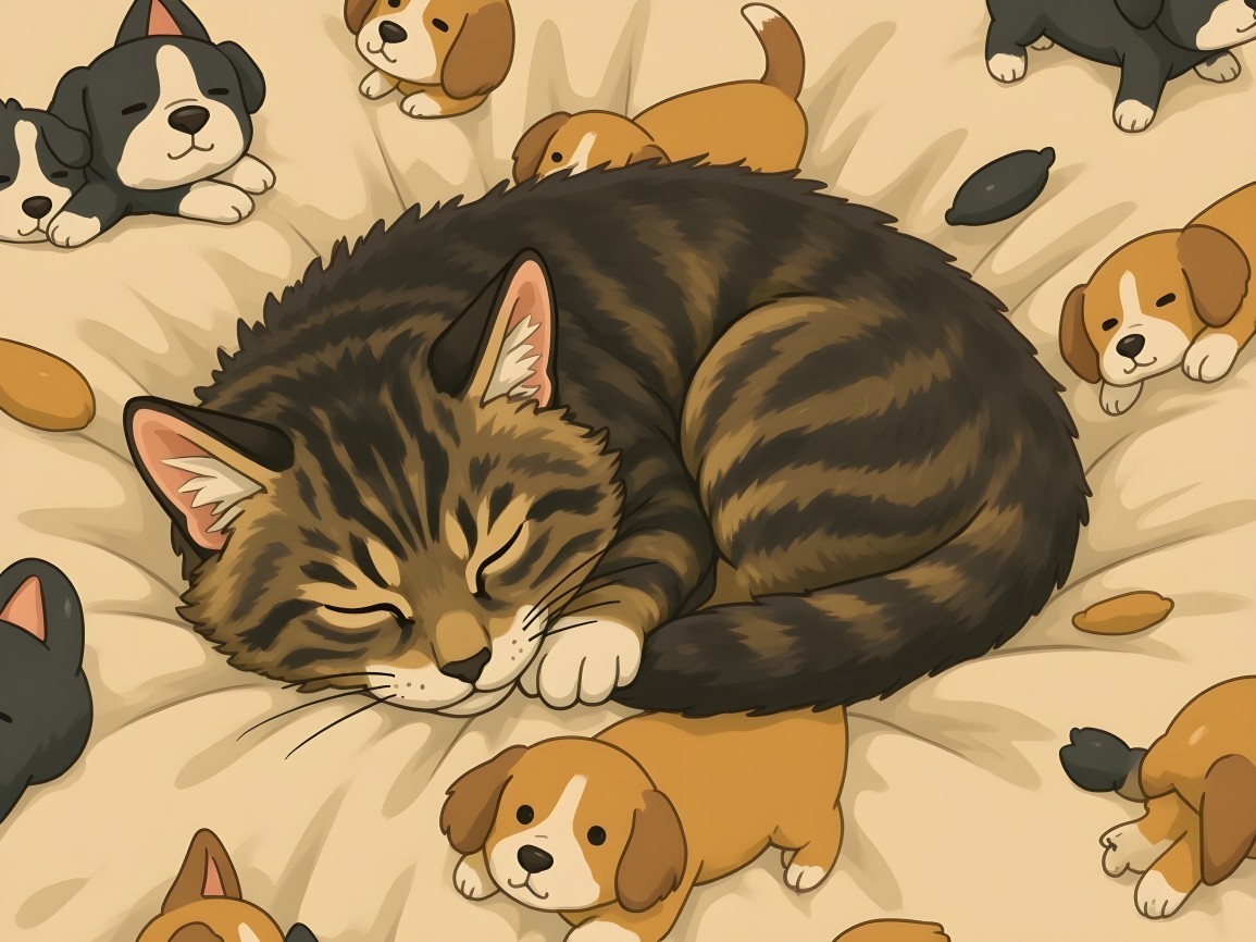 Sleeping Tabby Cat with Playful Puppies on Bed