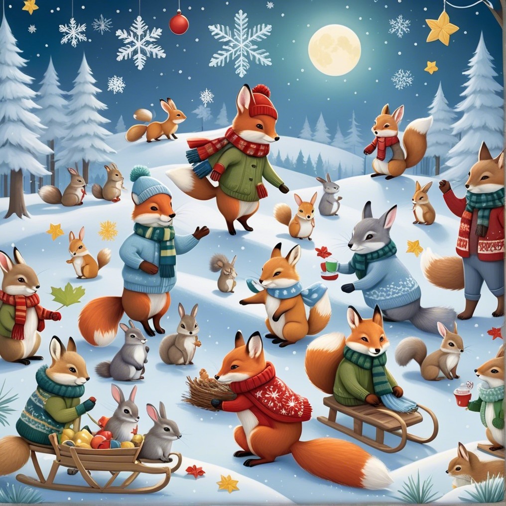 Whimsical Winter Scene with Foxes and Rabbits