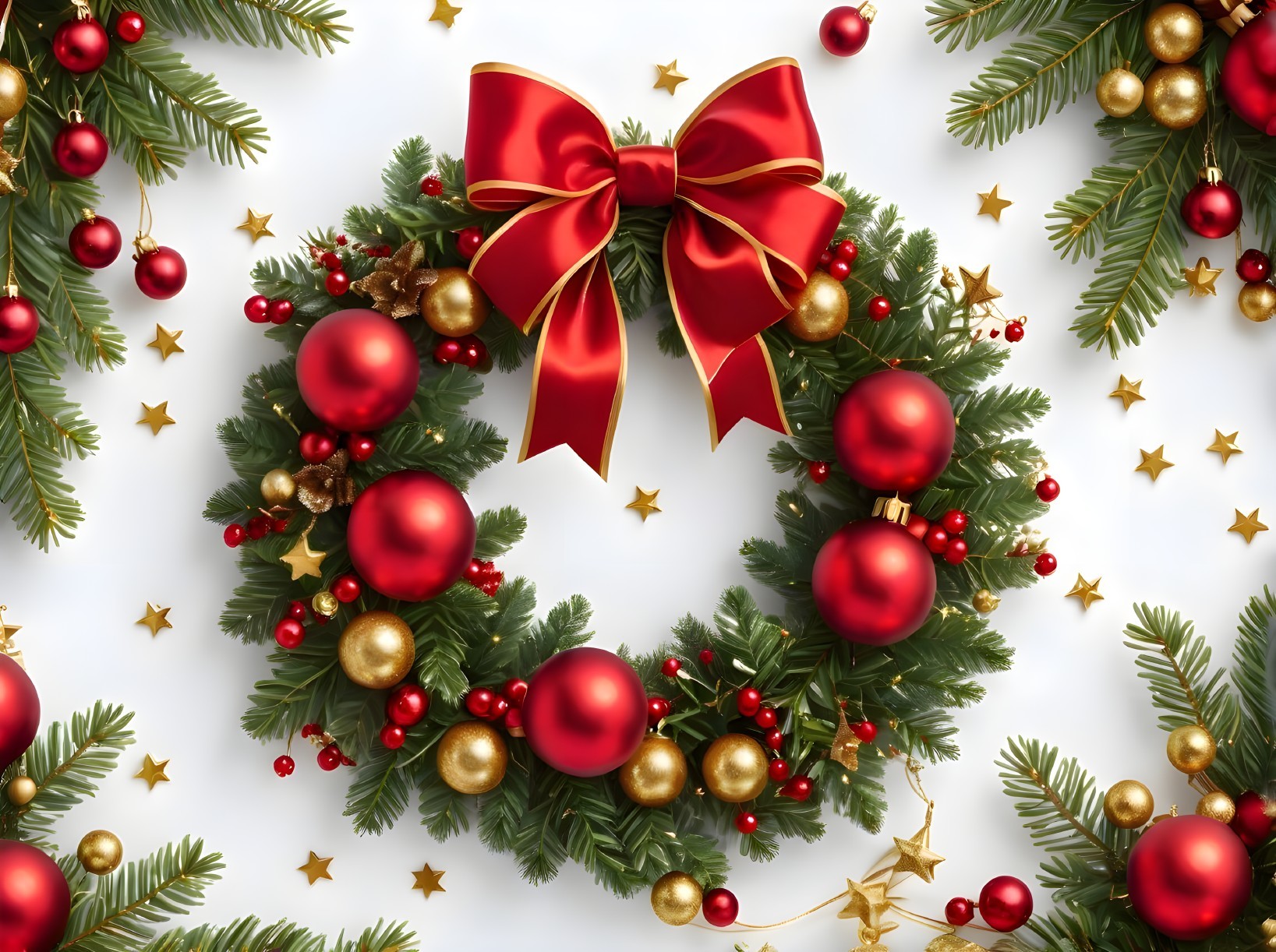 Christmas Wreath with Red Bow and Gold Decorations