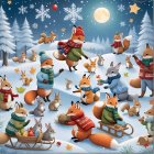 Whimsical Winter Scene with Foxes and Rabbits