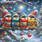 Winter Scene with Birds in Festive Sweaters and Ornaments