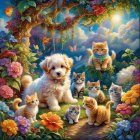 Whimsical Scene of Puppy and Kittens in Nature