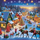 Christmas Village Scene with Moose and Twinkling Lights
