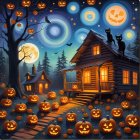 Whimsical Halloween Scene with Cats and Jack-o'-Lanterns