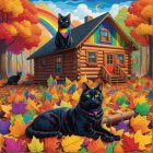 Cozy log cabin in autumn with playful cats and rainbow