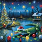 Whimsical alligator in Santa hat amidst Christmas scene