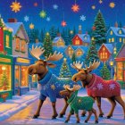 Cartoon Moose Family in Snowy Christmas Village Scene