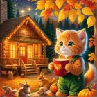 Orange Kitten in Cozy Overalls Amid Autumn Scenery