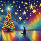 Black Cat by Colorful Christmas Tree Under Starry Sky