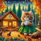 Fluffy Cat in Green Dress by Cozy Cabin with Animals