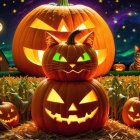 Whimsical Halloween Scene with Carved Pumpkins and Cats
