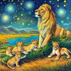 Lion and Cubs in a Vibrant Nighttime Savannah Scene