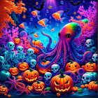 Vibrant Underwater Halloween Scene with Octopus and Fish
