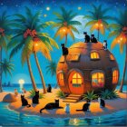 Cozy Beach Hut with Cats in Moonlit Tropical Scene