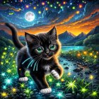 Black and white kitten in a magical landscape scene