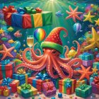 Christmas Underwater Scene with Festive Octopus