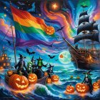 Witches on a Boat in a Whimsical Halloween Scene