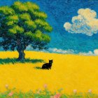 Vibrant landscape with tree, cat, and colorful flowers