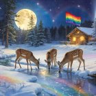 Whimsical Winter Scene with Deer and Rainbow Elements