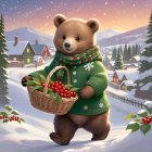 Bear in Green Sweater in Snowy Village Landscape