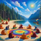 Monks by a serene lakeside with a colorful mandala