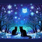 Black Cats in Snowy Forest Under Starry Sky