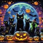 Whimsical Halloween Scene with Black Cats and Pumpkins