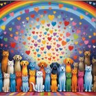 Colorful Cats and Dogs with Rainbow and Hearts