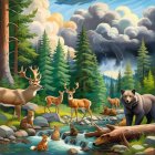 Wildlife Gathering by a Stream in a Forest Setting
