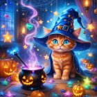 Playful Cat in Wizard Hat Surrounded by Halloween Decor