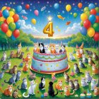 Whimsical Birthday Scene with Colorful Cake and Cats